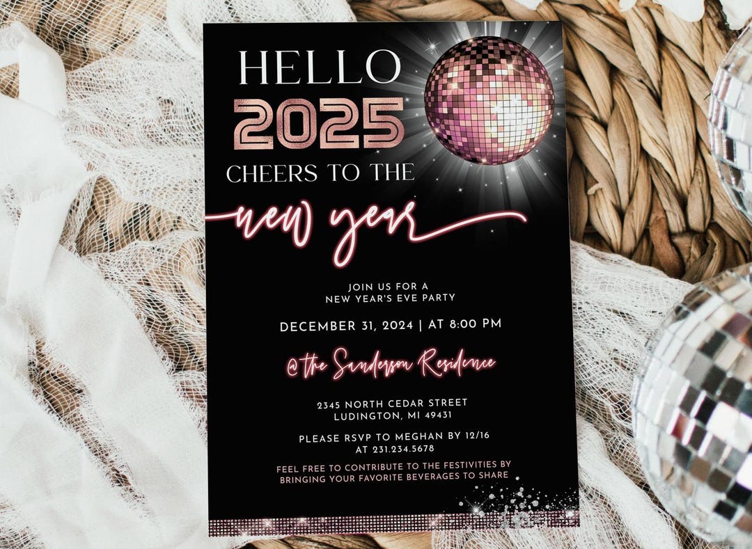Bearbeitbare Silvester Einladung 2025 Neujahrsparty einladen Rose Gold