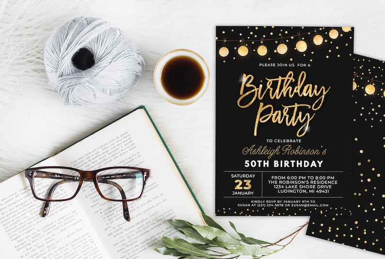 Birthday Party Invitation Elegant Invite Black and Gold Sparkle Glitter Confetti Birthday Party Digital INSTANT DOWNLOAD Editable B95 image 2