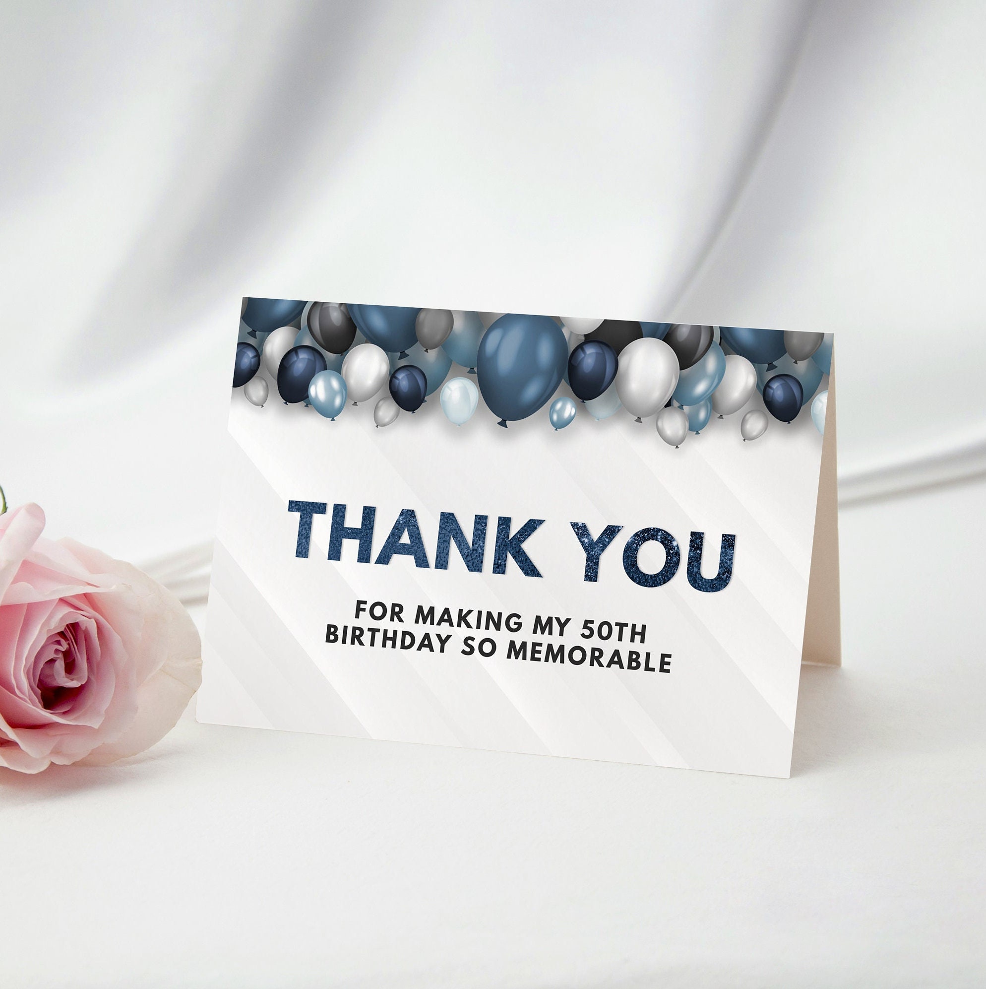 Birthday Thank You Card Editable Template Blue & White With Balloons ...