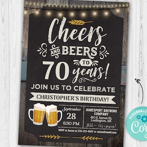 70th Cheers and Beers Birthday Party Invitation SEVENTY Chalkboard & Wood Digital INSTANT Download 5x7 Editable adult mens male CBBP