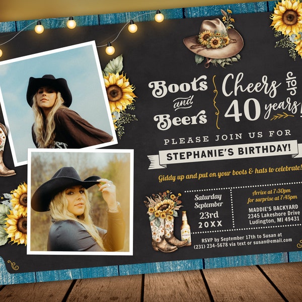 40th Western Cheers & Beers Boots Birthday Party Photo Invite - Sunflowers - Digital INSTANT Download Adult Womens CBBP CBBP1G