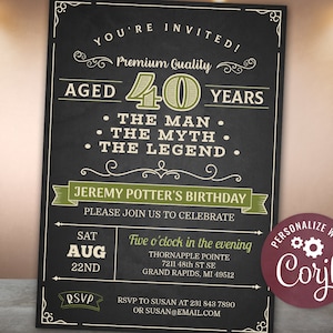 40th Birthday Invitation FORTY Party Vintage Dude The Man The Myth The Legend Green Digital INSTANT Download Editable adult mens man guys