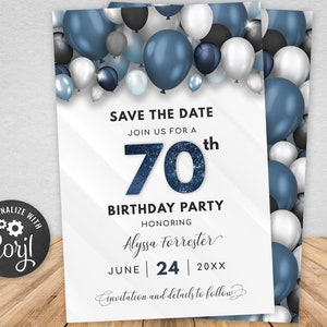 Editable Save the Date Template - Birthday Announcement - Blue & White with Balloons Digital INSTANT download 4x6 + 5x7 - B40 BP40C