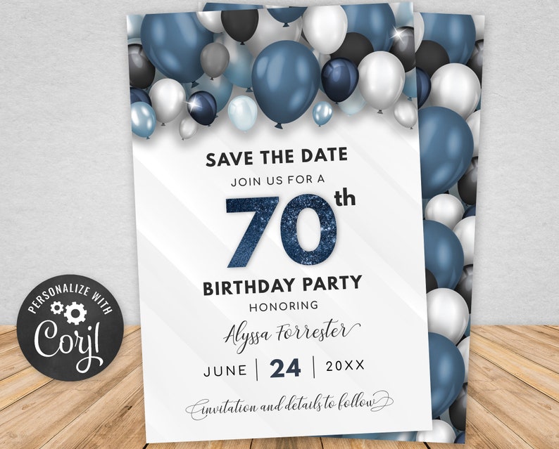 Editable Save the Date Template - Birthday Announcement - Blue & White with Balloons Digital INSTANT download 4x6 + 5x7 - B40 BP40C