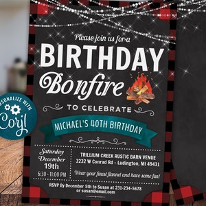 May include: A red and black plaid background with a chalkboard overlay. The text on the chalkboard reads "Please join us for a Birthday Bonfire to celebrate Michael's 40th Birthday". The invitation includes details for the event, including the date, time, location, and RSVP information.