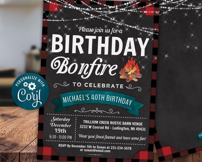 May include: A red and black plaid background with a chalkboard overlay. The text on the chalkboard reads "Please join us for a Birthday Bonfire to celebrate Michael's 40th Birthday". The invitation includes details for the event, including the date, time, location, and RSVP information.