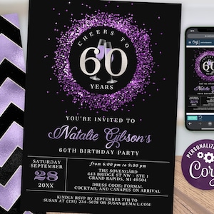 Cheers 60th Birthday Invitation SIXTY Party Purple Silver Glitter Sparkle Champagne Digital Instant Download 5x7 Printable Editable BP108F