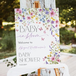 Baby in Bloom Baby Shower Willkommensschild Vorlage - Wildblumen Blumen Schmetterling Baby Shower Theme - Bearbeitbar Digitaler Download 5015-BBS