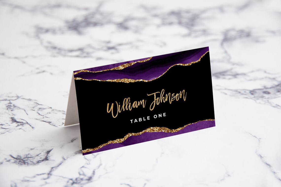 Purple and Gold Place Card Template Editable Tent Card - Etsy