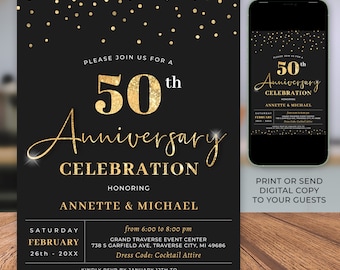 50th Anniversary Invitation - Black and Gold Wedding Anniversary Invite - Digital Download and Printable - RT1517