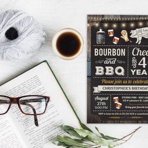 May include: A rustic-themed birthday invitation with a chalkboard background. The invitation features a pig with a diagram of cuts of meat, a glass of bourbon, and the text "Bourbon and BBQ Cheers to 40 Years". The invitation is for Christopher's birthday on August 27th at 5:00 PM at Stearns Park Boat Launch Area in Ludington, Michigan.