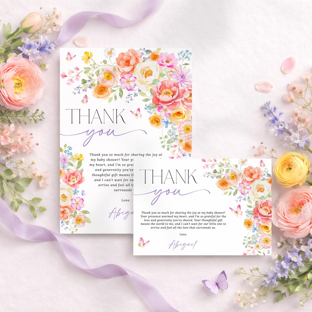 Baby in Bloom Baby Shower Thank You Card Template - Bright Floral ...
