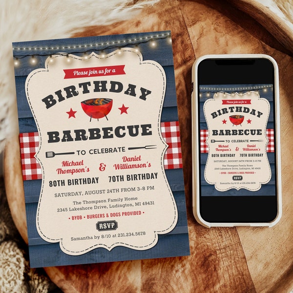 Dual Joint BBQ Birthday Invite - Summer Barbecue Party Invitation - Rustic Blue and Red Americana - Digital Download Editable Printable B63