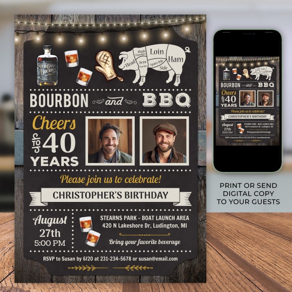 Any Age, Bourbon and BBQ Photo Invite, Bourbon Barbecue Birthday Party Invitation Rustic Digital Download 5x7 Editable CBBP