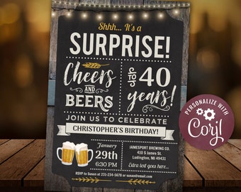 40th Cheers and Beers Surprise  Birthday Party Invitation - FORTY  - Chalkboard Wood Digital INSTANT Download Editable adult mens male  CBBP