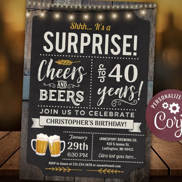 40th Cheers and Beers Surprise  Birthday Party Invitation - FORTY  - Chalkboard Wood Digital INSTANT Download Editable adult mens male  CBBP