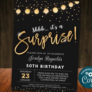 Surprise Birthday Invitation Invite Party ANY AGE Black Gold Glitter Lights Digital INSTANT download 5x7 Editable adult mens womens B95