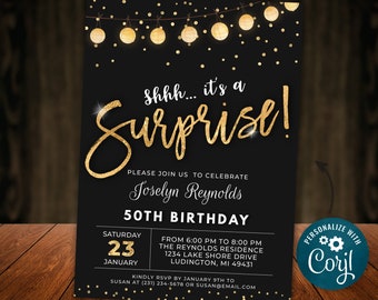 Surprise Birthday Invitation Invite Party ANY AGE Black Gold Glitter Lights Digital INSTANT download 5x7 Editable adult mens womens B95