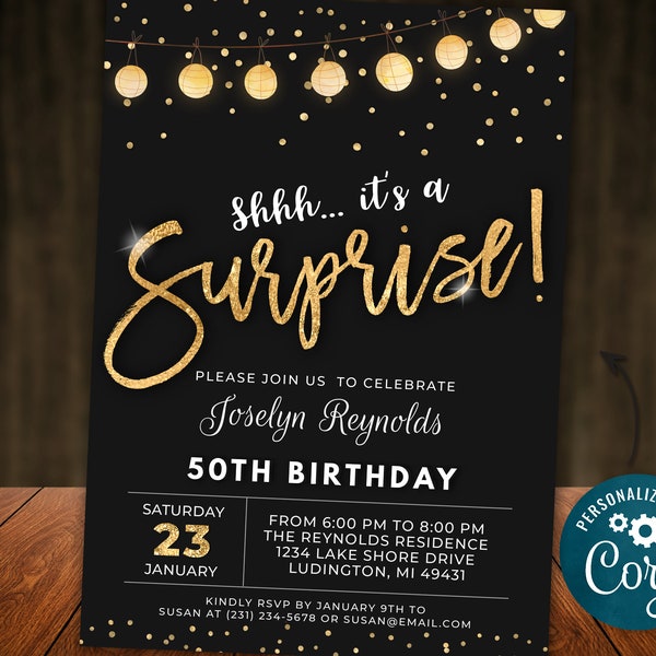 Surprise Birthday Invitation Invite Party ANY AGE Black Gold Glitter Lights Digital INSTANT download 5x7 Editable adult mens womens B95