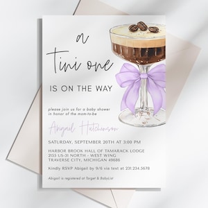 Purple Bow Espresso Martini Baby Shower Invitation - Martini Baby Shower Theme - A Tini One is On the Way - 5009CPL-BBS