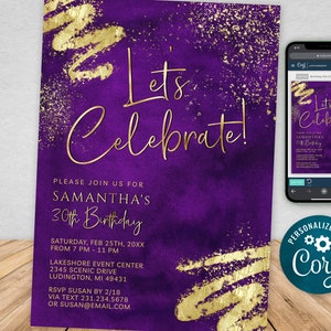 Purple and Gold Birthday Party Invitation Template Digital Instant Download Editable Mens Womens BPG BP141