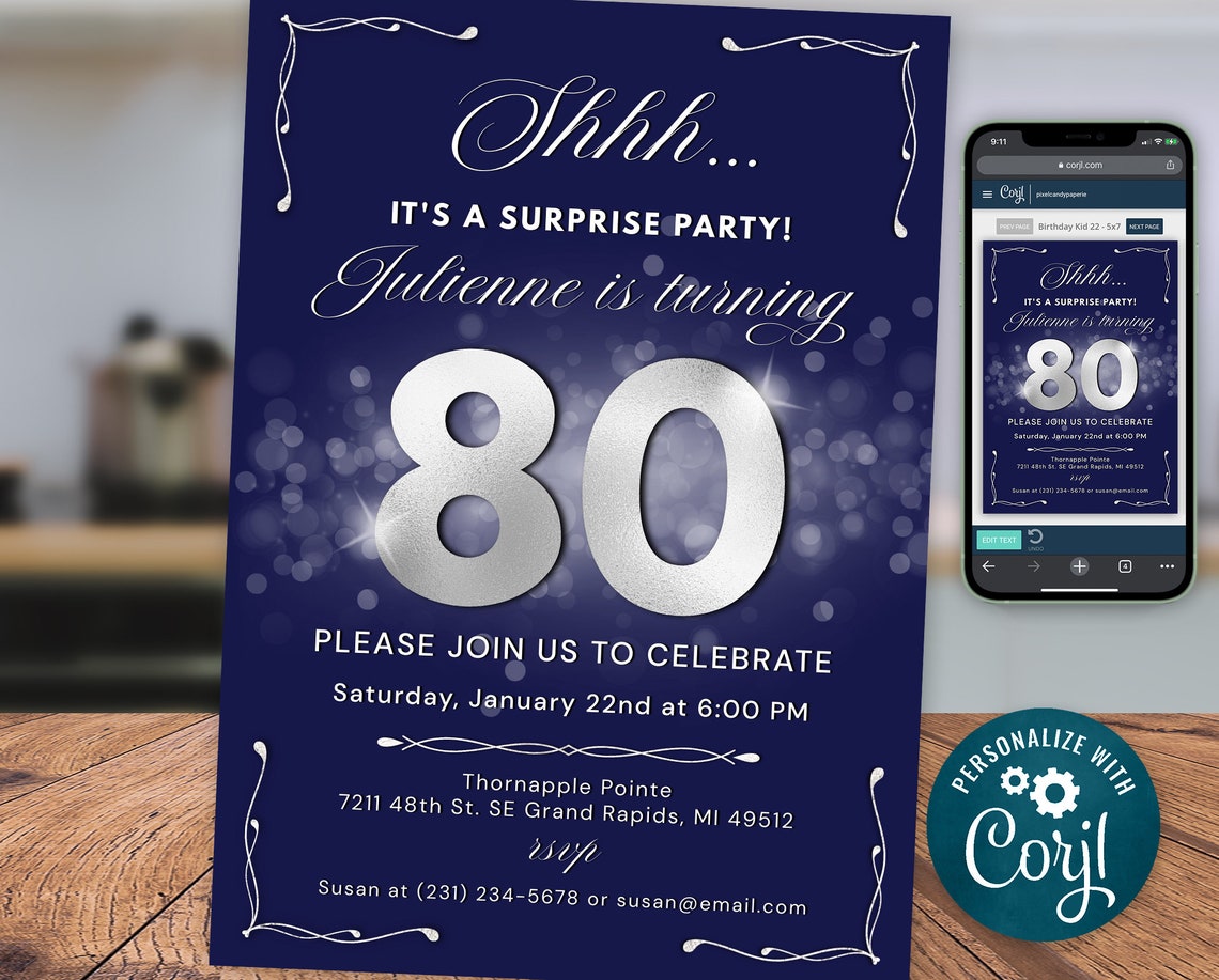 Surprise 80th Birthday Invitation EIGHTY Invite Party Silver | Etsy