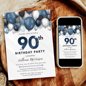 Balloons 90th Birthday Invitation - Adult NINETY Birthday Invite - Blue & White Birthday Party - Digital Instant Download - B40 BP40C