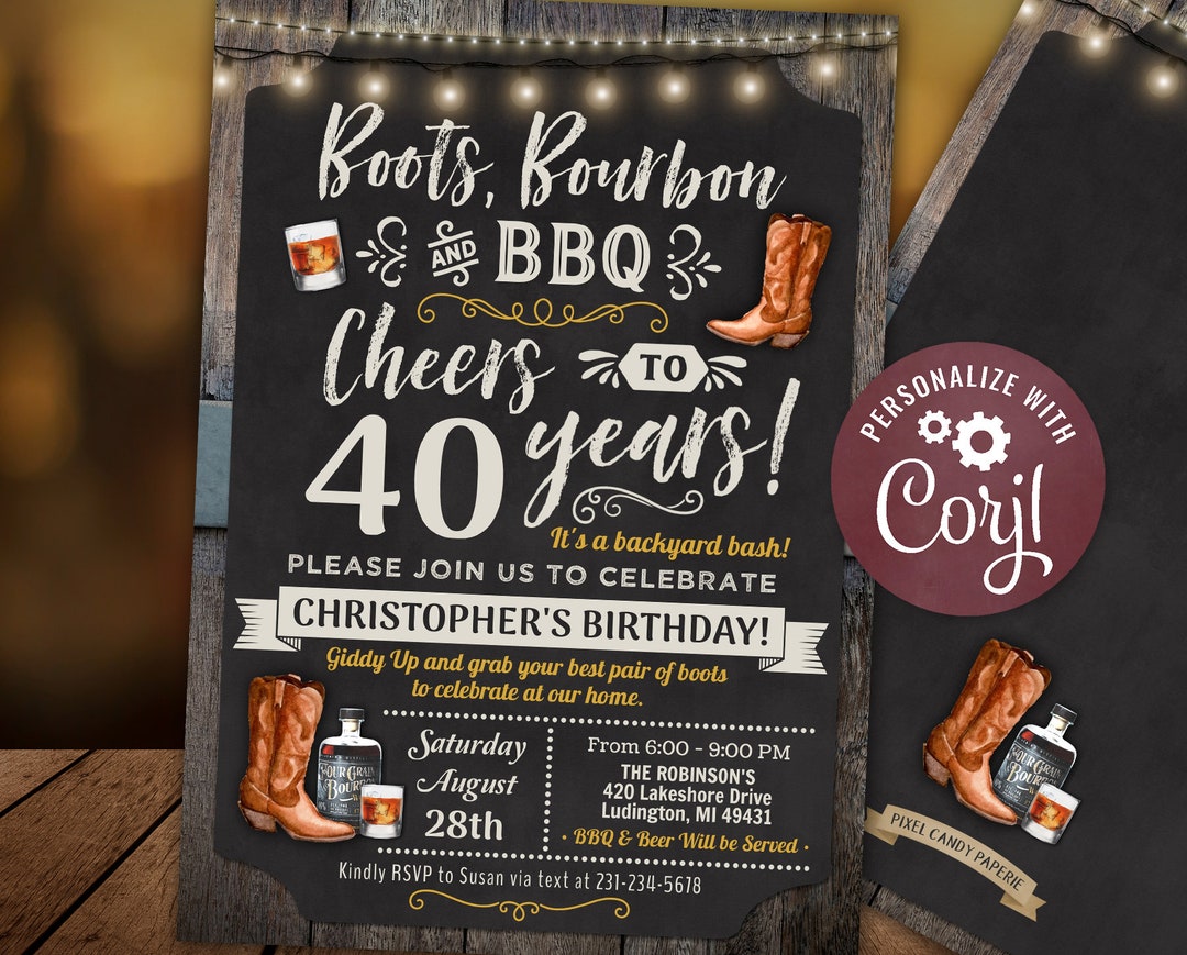 Any Age - Boots, BBQ and Bourbon Birthday Party Invitation Chalkboard ...