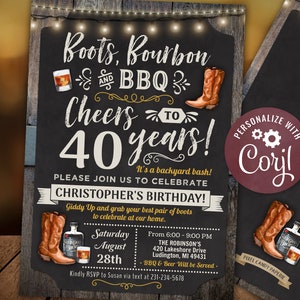 Any Age - Boots, BBQ and Bourbon Birthday Party Invitation Chalkboard & Wood Digital INSTANT Download 5x7 Editable CBBP