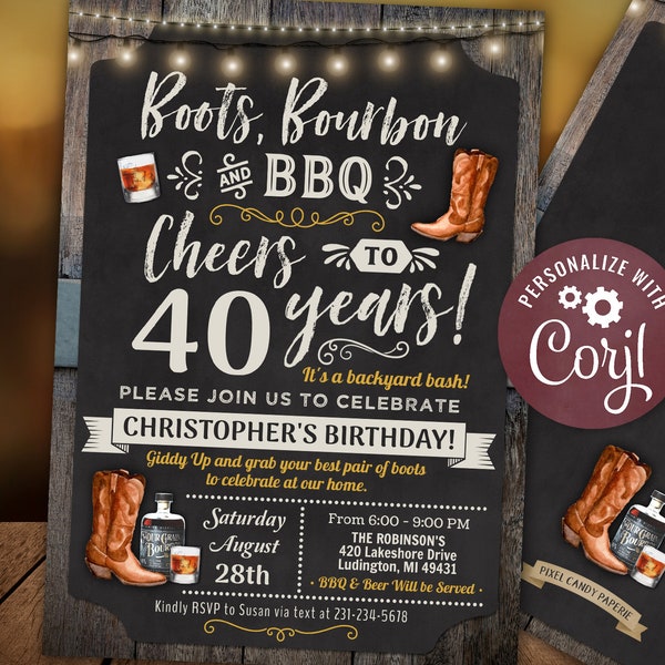 Any Age - Boots, BBQ and Bourbon Birthday Party Invitation Chalkboard & Wood Digital INSTANT Download 5x7 Editable CBBP