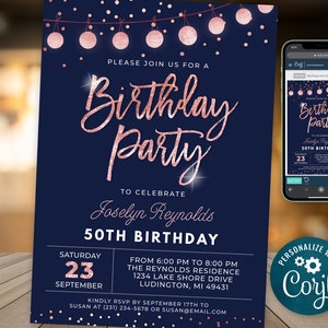 Rose Gold Birthday Party Invitation Elegant Any Age Invite Navy Blue and Rose Gold Sparkle Glitter Confetti Birthday Party B95