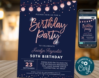 May include: A blue and rose gold birthday party invitation with a string of lights and confetti. The invitation reads "Please join us for a Birthday Party to celebrate Joselyn Reynolds 50th Birthday. Saturday, September 23, from 6:00 PM to 8:00 PM, The Reynolds Residence, 1234 Lake Shore Drive, Ludington, MI 49431. Kindly RSVP by September 17th to Susan at (231) 234-5678 or susan@email.com".