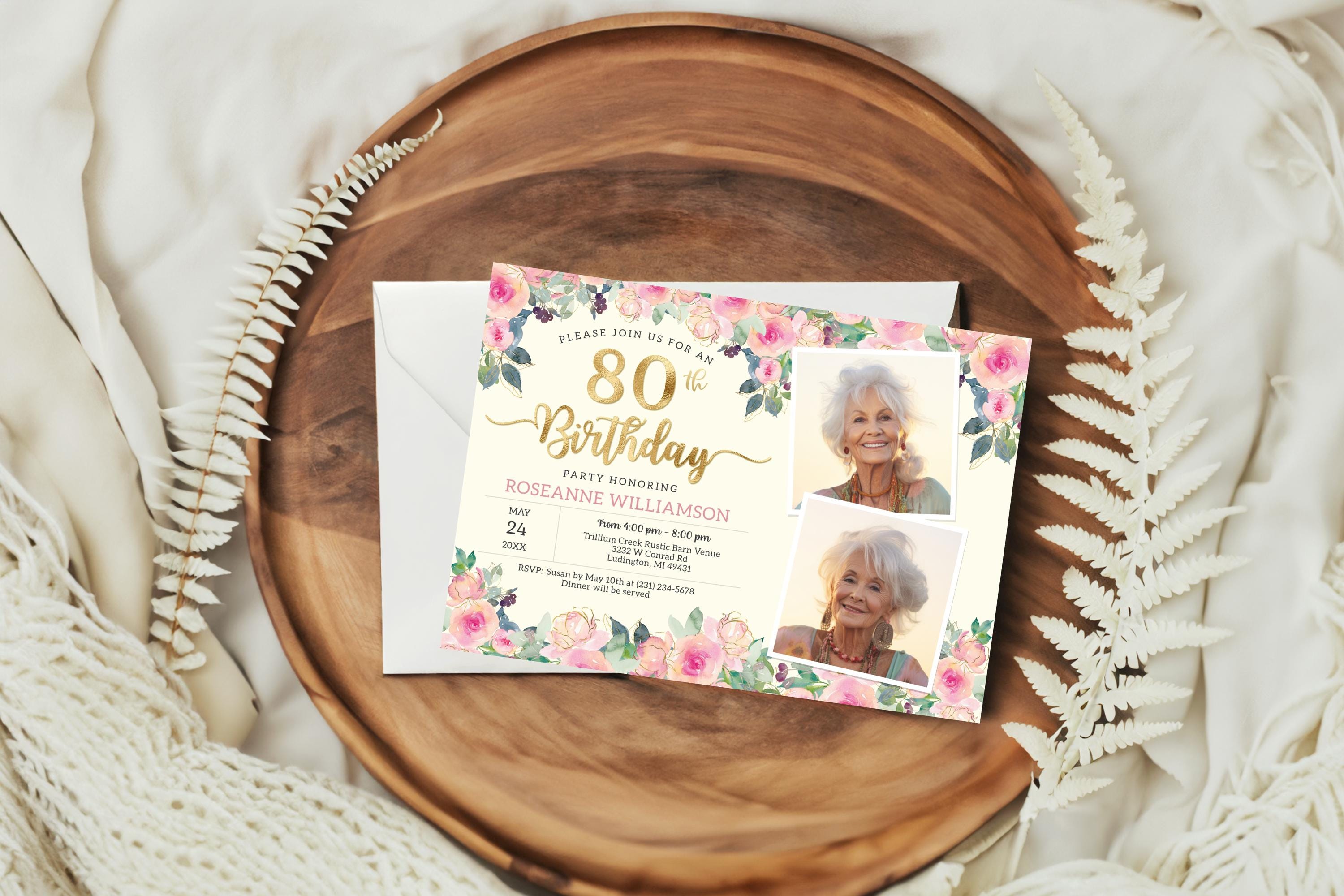 80th Birthday 2 Photo Invitation - Adult EIGHTY Birthday Invite - Gold ...