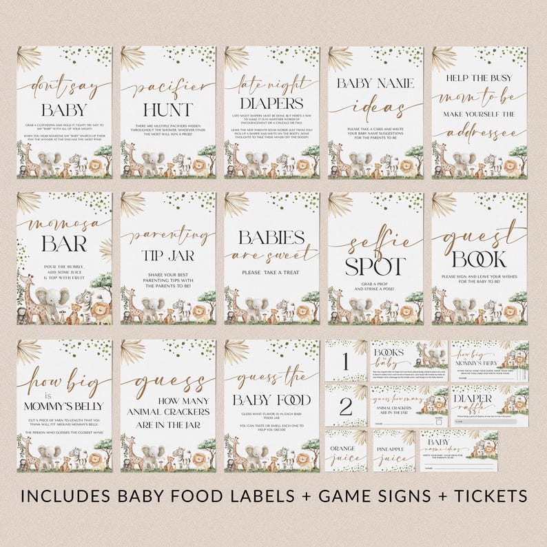 Safari Animals Gender Neutral Baby Shower Invitation + Games Bundle - A Little Wild One on the Way - Editable Digital Download 6030-BBS