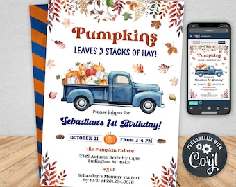 Bewerkbare herfst pompoen verjaardagsuitnodiging - verjaardagsfeestje jongen - pompoen vrachtwagen uitnodiging - 1e verjaardagsfeestje - digitale download 0900
