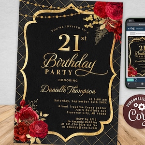 21st Birthday Invitation Template - Elegant Invite - Black and Gold with Red Roses - Instant Download BPR BP110