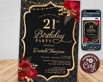 Modello di invito per il 21° compleanno - Invito elegante - Nero e oro con rose rosse - Download immediato BPR BP110