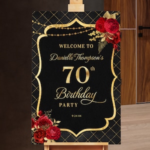 Letrero de bienvenida de cumpleaños Cartel de bienvenida de cumpleaños Negro y dorado con rosas rojas Descarga digital instantánea BPR BP110