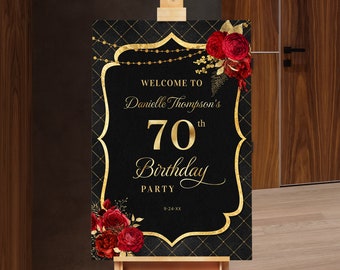 Panneau de bienvenue d'anniversaire Poster de bienvenue d'anniversaire noir et or avec roses rouges Téléchargement numérique instantané BPR BP110