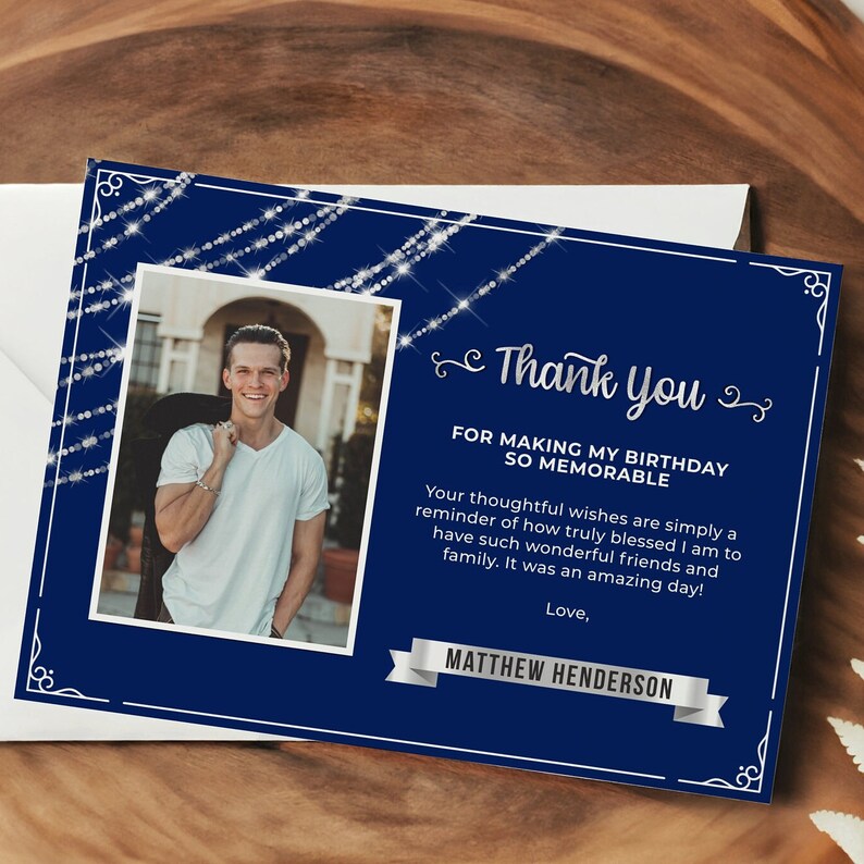 Birthday Thank You Card With Photo - Editable Template - Navy Blue and ...