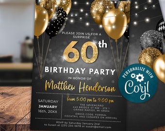 60th Birthday Invitation SIXTY Party Black Gold Glitter Sparkle Balloons Digital Instant Download 5x7 Printable Editable BGB