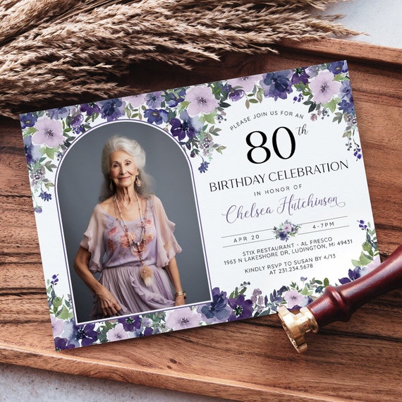 Editable 80th Birthday Photo Invitation - Adult 80th Birthday Invite - Modern Minimalist Feminine Purple Floral Digital Download - B23D