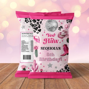 Editable Space Cowgirl Birthday Party Chip Bag Wrapper Template - Pink Disco Cowgirl Party - Instant Download Editable 0600 - PBG