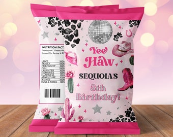 Bewerkbare ruimte cowgirl verjaardagsfeestje chip tas wrapper sjabloon - roze disco cowgirl party - direct downloaden bewerkbare 0600 - PBG
