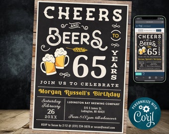 65th Cheers and Beers Birthday Party Invitation SIXTY FIVE Wood & Chalkboard Digital Instant Download 5x7 CB2 CBBP