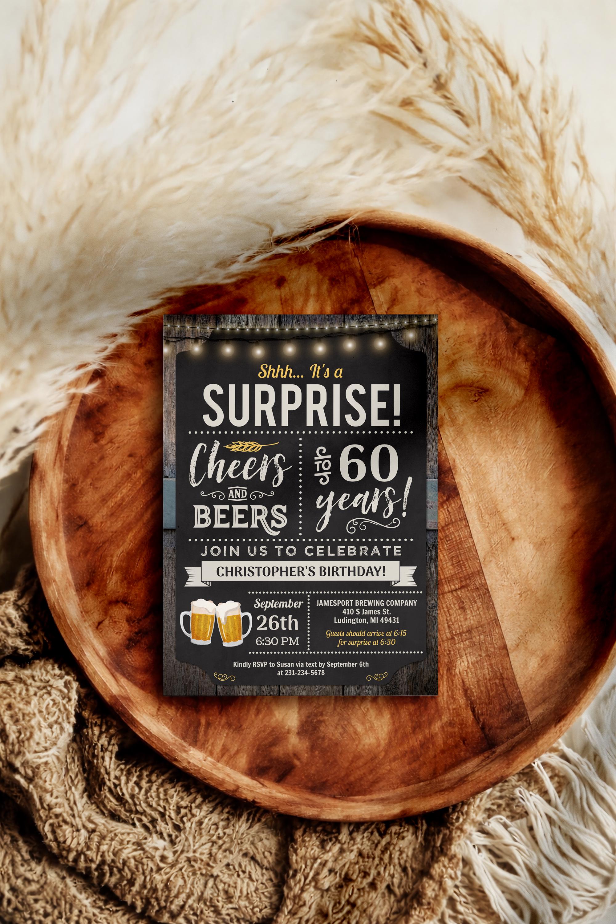 Surprise 60th Birthday Invitation - Cheers and Beers - Modern