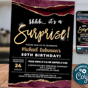 Any Age Surprise Birthday Invitation Template - Burgundy Red Gold Glitter, Adult Birthday Invite Digital Instant Download, AGT APBRLG