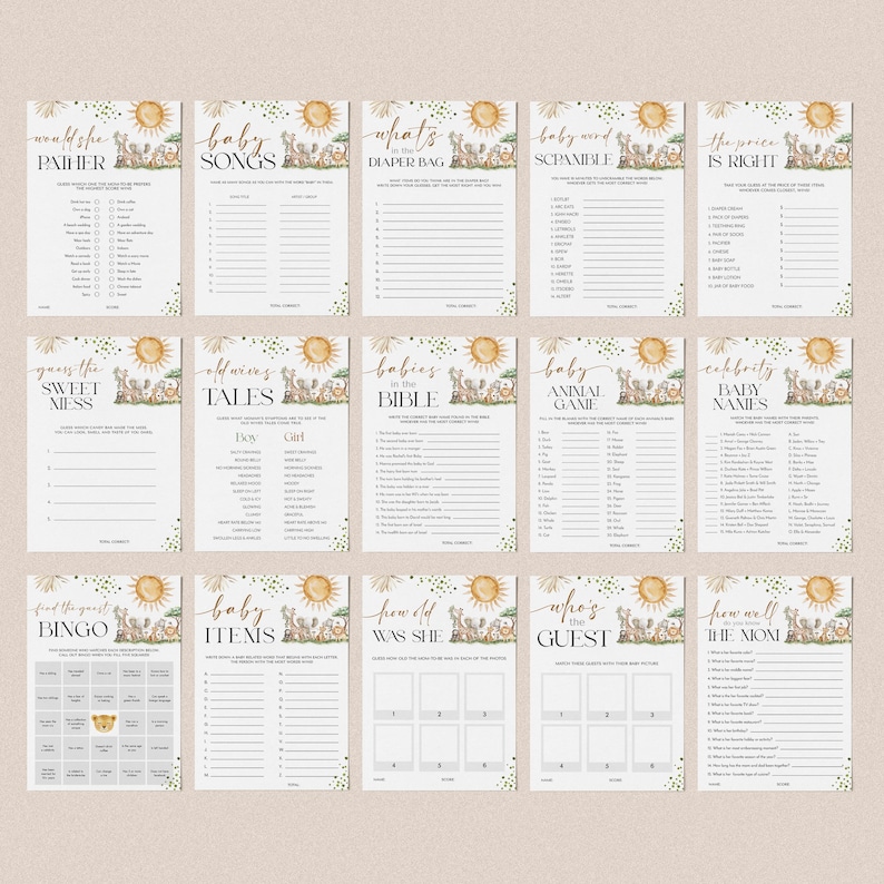 Safari Animals Gender Neutral Baby Shower Invitation + Games Bundle - A Little Wild One on the Way - Editable Digital Download 6030-BBS