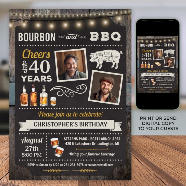 Any Age, Bourbon and BBQ 2 Photo Invite - Bourbon Barbecue Birthday Party Invitation Rustic Digital Download 5x7 Editable CBBP