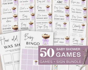 Könnte beinhalten: Ein Set mit 50 druckbaren Babyparty-Spielen in einem lila und weißen Farbschema. Die Spiele zeigen ein Cocktailglas mit einer lila Schleife und Kaffeebohnen. Der Text "50 Baby Shower Games" ist in einer großen Schriftart.